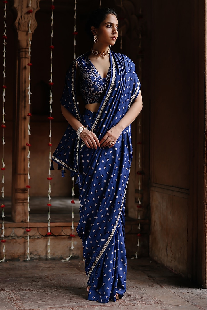 Blue Dupion Silk Printed Pre-Stitched Saree Set by Megha Pitti at Pernia's Pop Up Shop