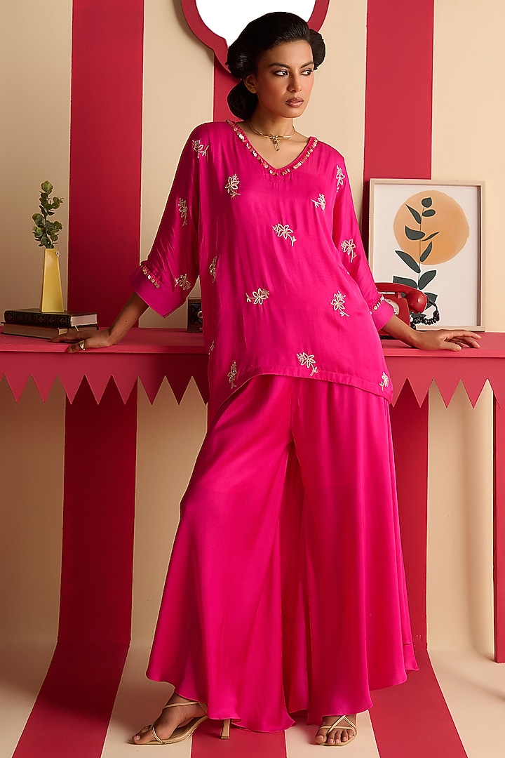 Hot Pink Modal Satin Hand Embroidered Co-Ord Set by Megha Pitti at Pernia's Pop Up Shop