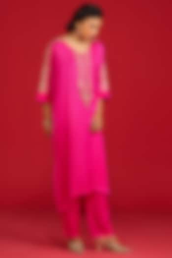 Hot Pink Modal Satin Hand Embroidered Kaftan Kurta Set by Megha Pitti at Pernia's Pop Up Shop