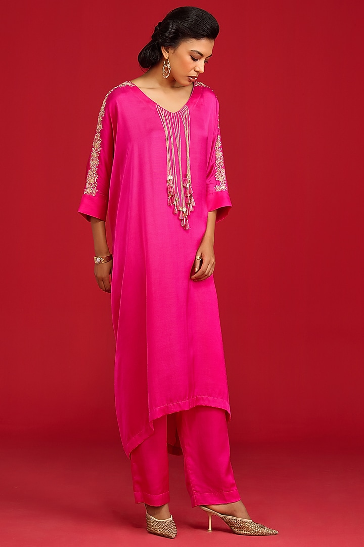 Hot Pink Modal Satin Hand Embroidered Kaftan Kurta Set by Megha Pitti at Pernia's Pop Up Shop