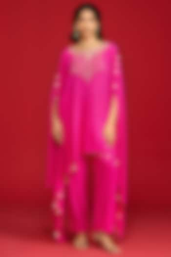 Hot Pink Crepe Hand Embroidered Cape Set by Megha Pitti at Pernia's Pop Up Shop