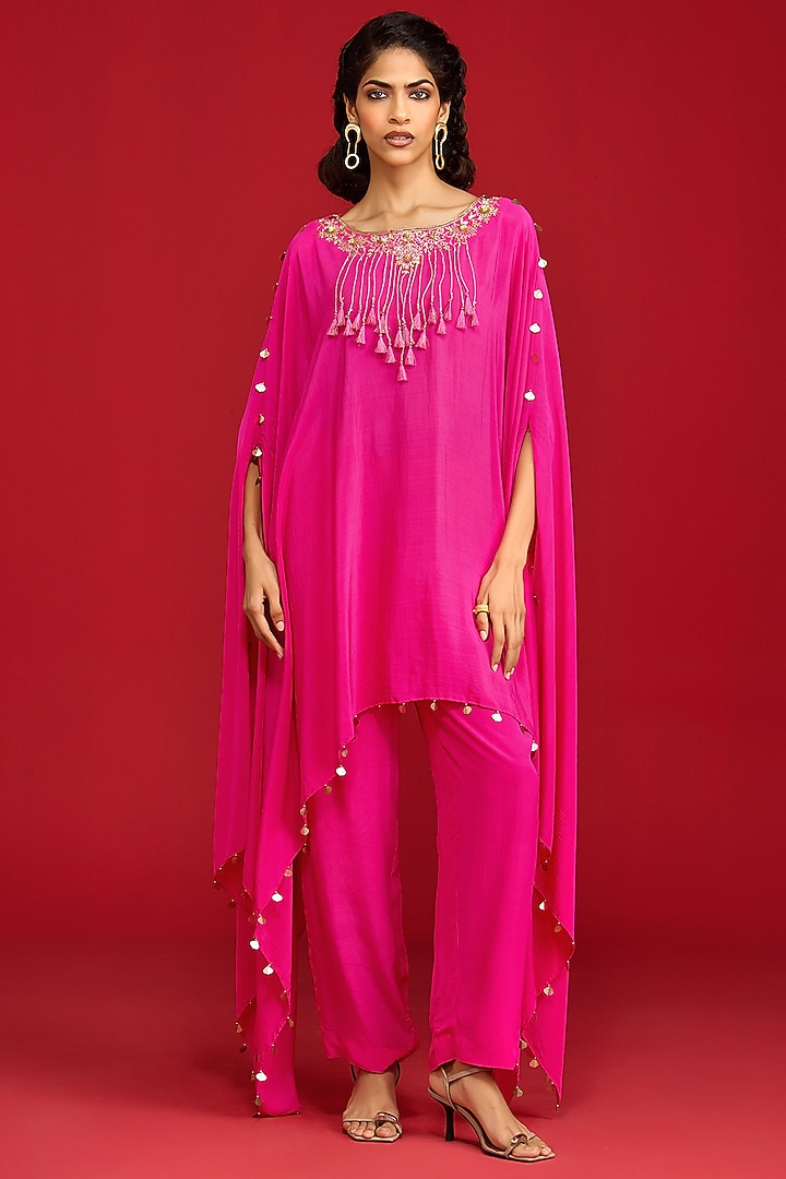 Hot Pink Crepe Hand Embroidered Cape Set by Megha Pitti at Pernia's Pop Up Shop