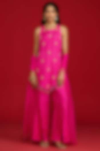 Hot Pink Habutai Silk Hand Embroidered Kurta Set by Megha Pitti at Pernia's Pop Up Shop