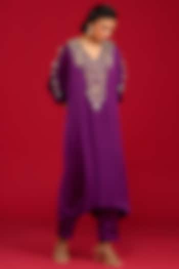 Purple Modal Satin Hand Embroidered Kaftan Kurta Set by Megha Pitti at Pernia's Pop Up Shop