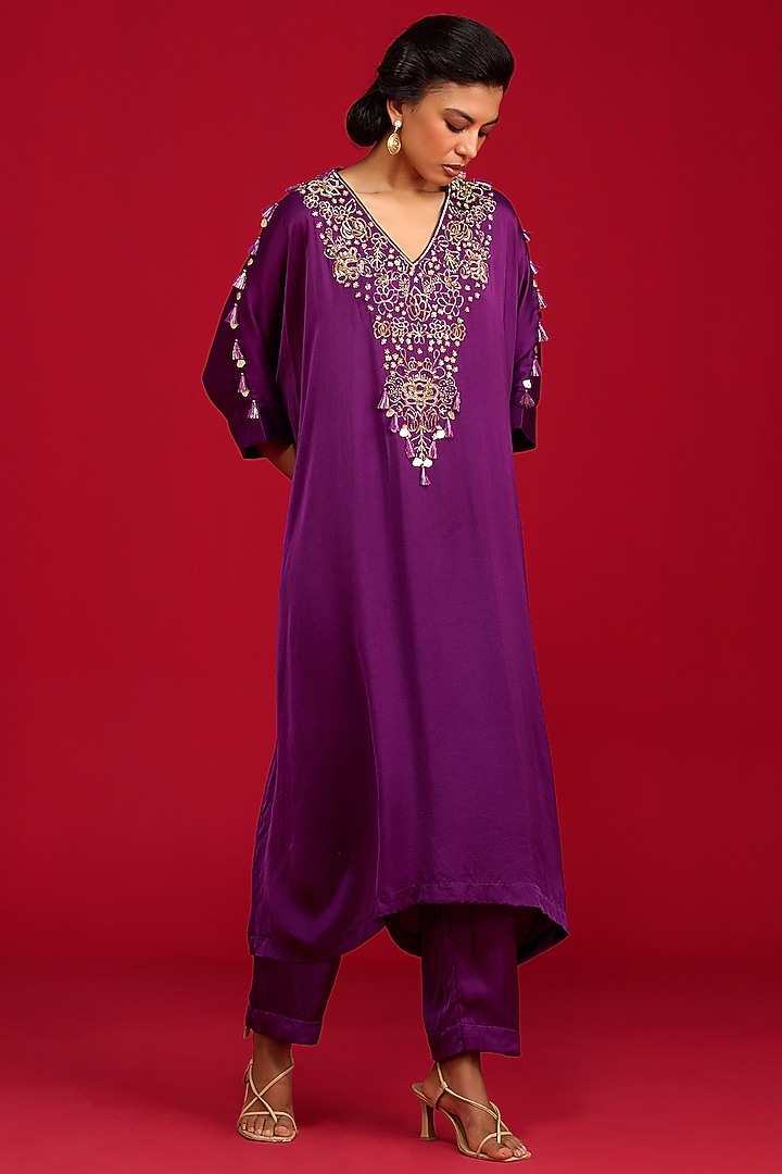 Purple Modal Satin Hand Embroidered Kaftan Kurta Set by Megha Pitti at Pernia's Pop Up Shop
