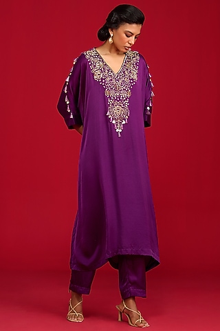Purple Modal Satin Hand Embroidered Kaftan Kurta Set by Megha Pitti