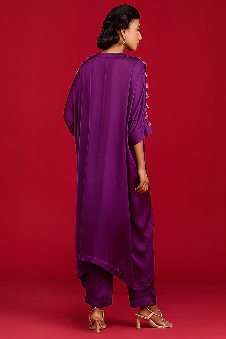 Purple Modal Satin Hand Embroidered Kaftan Kurta Set by Megha Pitti at Pernia's Pop Up Shop