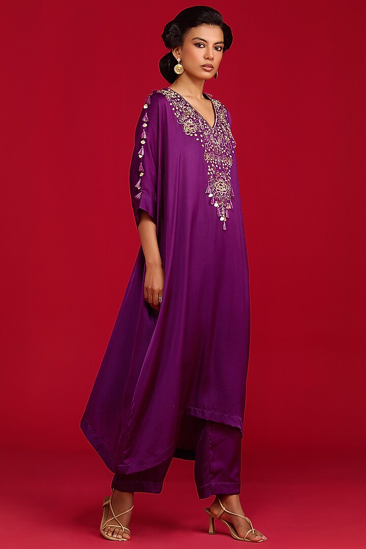 Purple Modal Satin Hand Embroidered Kaftan Kurta Set by Megha Pitti at Pernia's Pop Up Shop