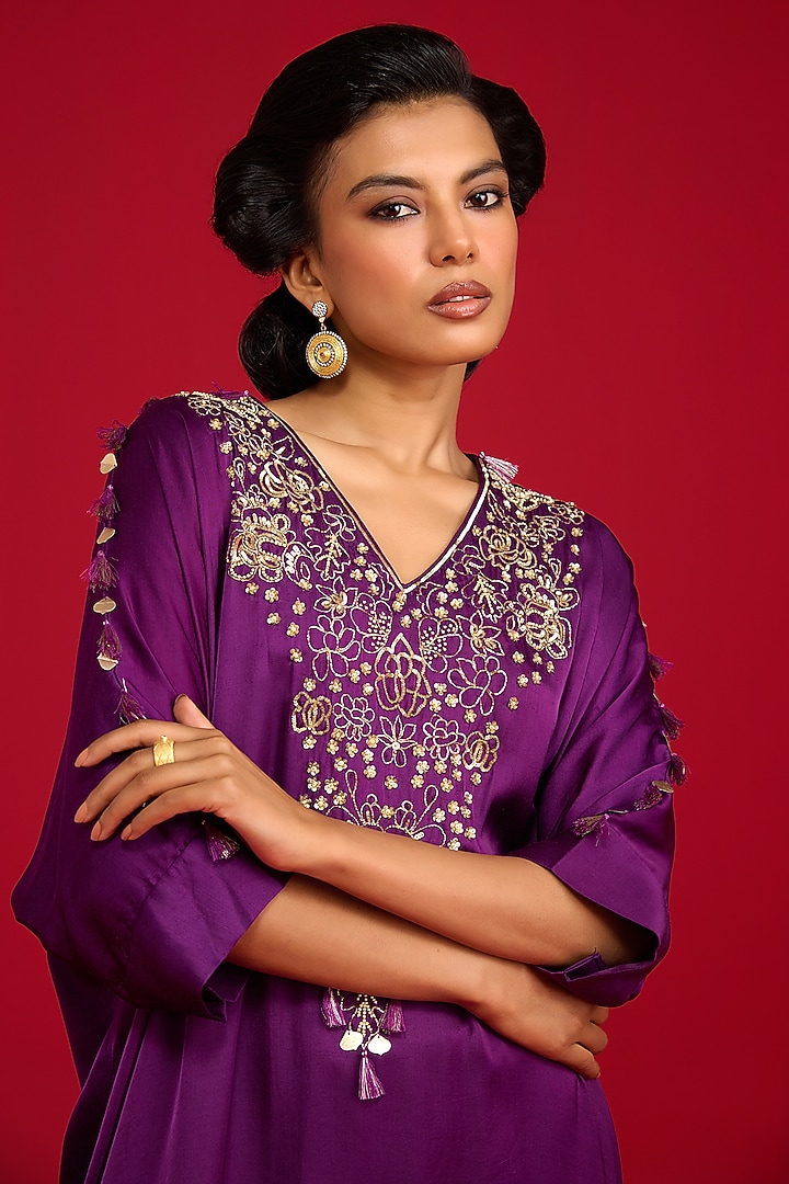 Purple Modal Satin Hand Embroidered Kaftan Kurta Set by Megha Pitti at Pernia's Pop Up Shop