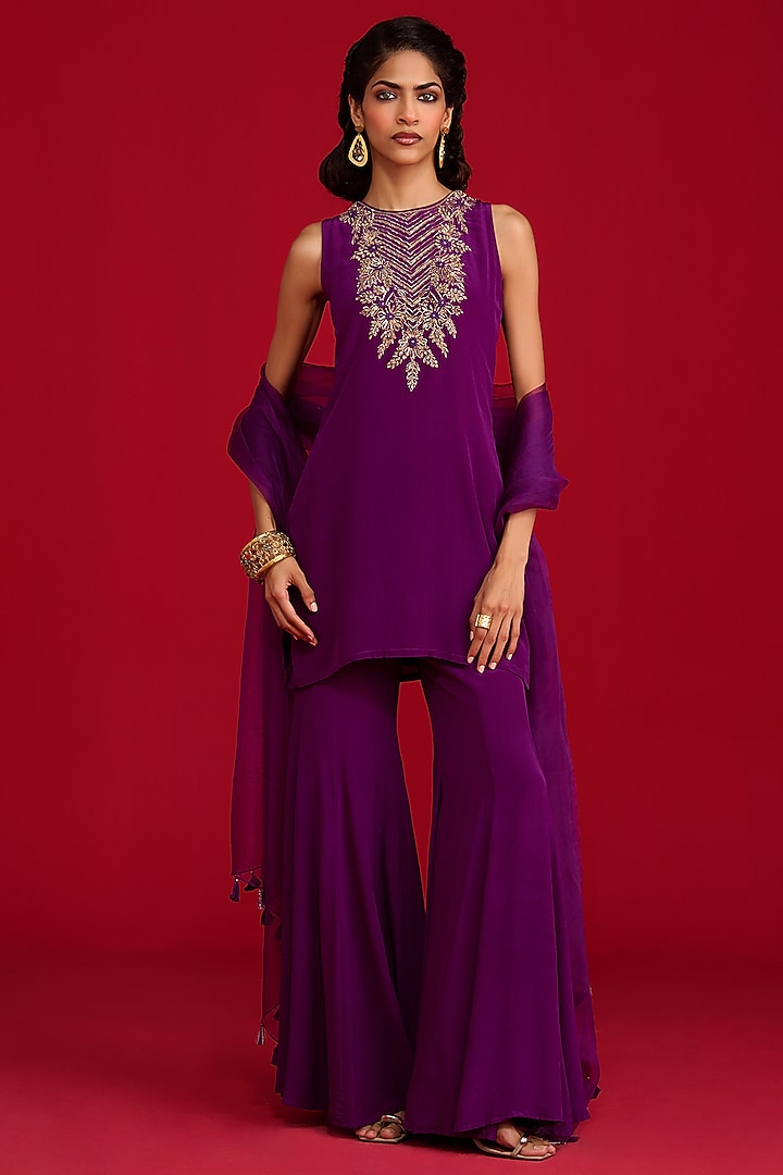 Purple Crepe Party Wear Sharara Set by Megha Pitti at Pernia's Pop Up Shop
