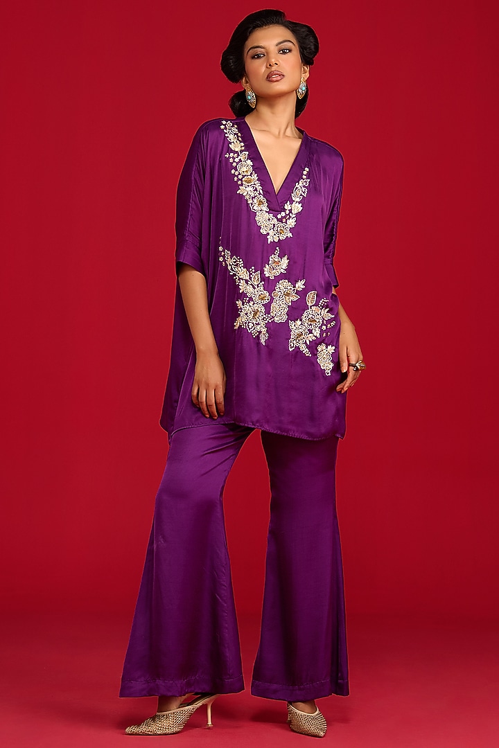 Purple Modal Satin Hand Embroidered Co-Ord Set by Megha Pitti at Pernia's Pop Up Shop