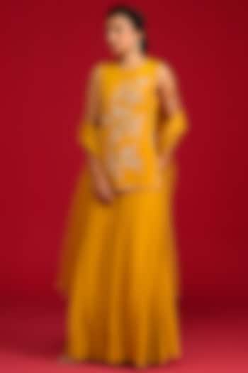 Mustard Yellow Crepe Kalidar Party Wear Sharara Set by Megha Pitti at Pernia's Pop Up Shop