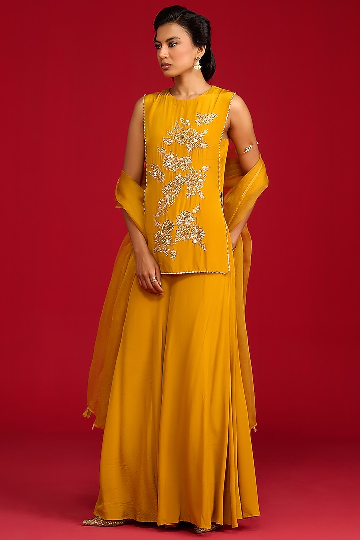 Mustard Yellow Crepe Kalidar Party Wear Sharara Set by Megha Pitti at Pernia's Pop Up Shop