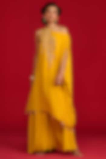 Mustard Yellow Crepe Hand Embroidered Off-Shoulder Kurta Set by Megha Pitti at Pernia's Pop Up Shop