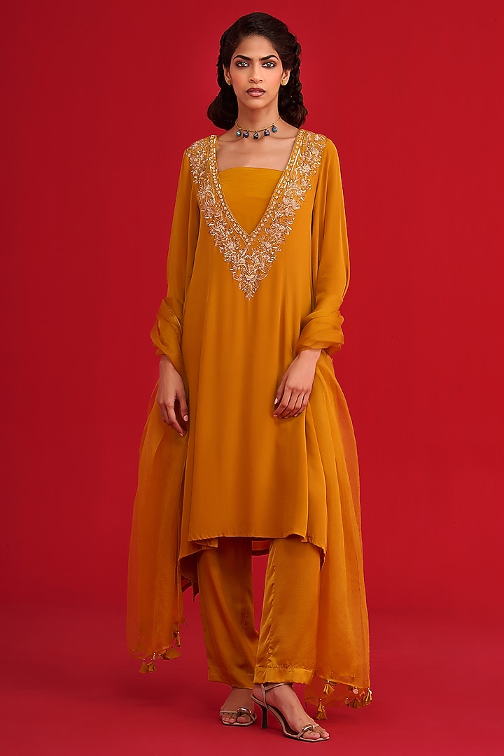 Mustard Yellow Crepe Embroidered Kalidar Kurta Set by Megha Pitti at Pernia's Pop Up Shop