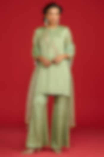 Sage Green Modal Satin Hand Embroidered Kurta Set by Megha Pitti at Pernia's Pop Up Shop