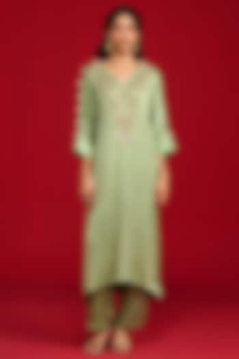 Sage Green Modal Satin Hand Embroidered Kaftan Kurta Set by Megha Pitti at Pernia's Pop Up Shop