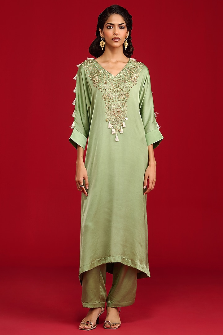 Sage Green Modal Satin Hand Embroidered Kaftan Kurta Set by Megha Pitti at Pernia's Pop Up Shop