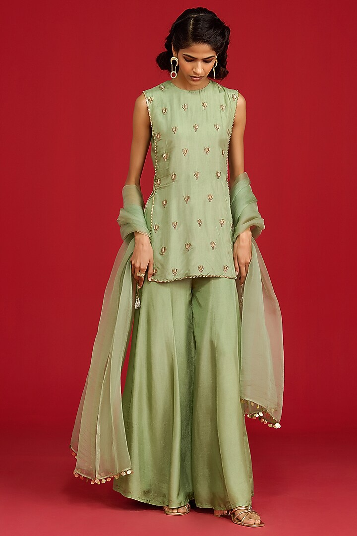 Sage Green Habutai Silk Kalidar Party Wear Sharara Set by Megha Pitti at Pernia's Pop Up Shop