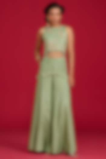Sage Green Habutai Silk Kalidar Flared Pant Set by Megha Pitti at Pernia's Pop Up Shop