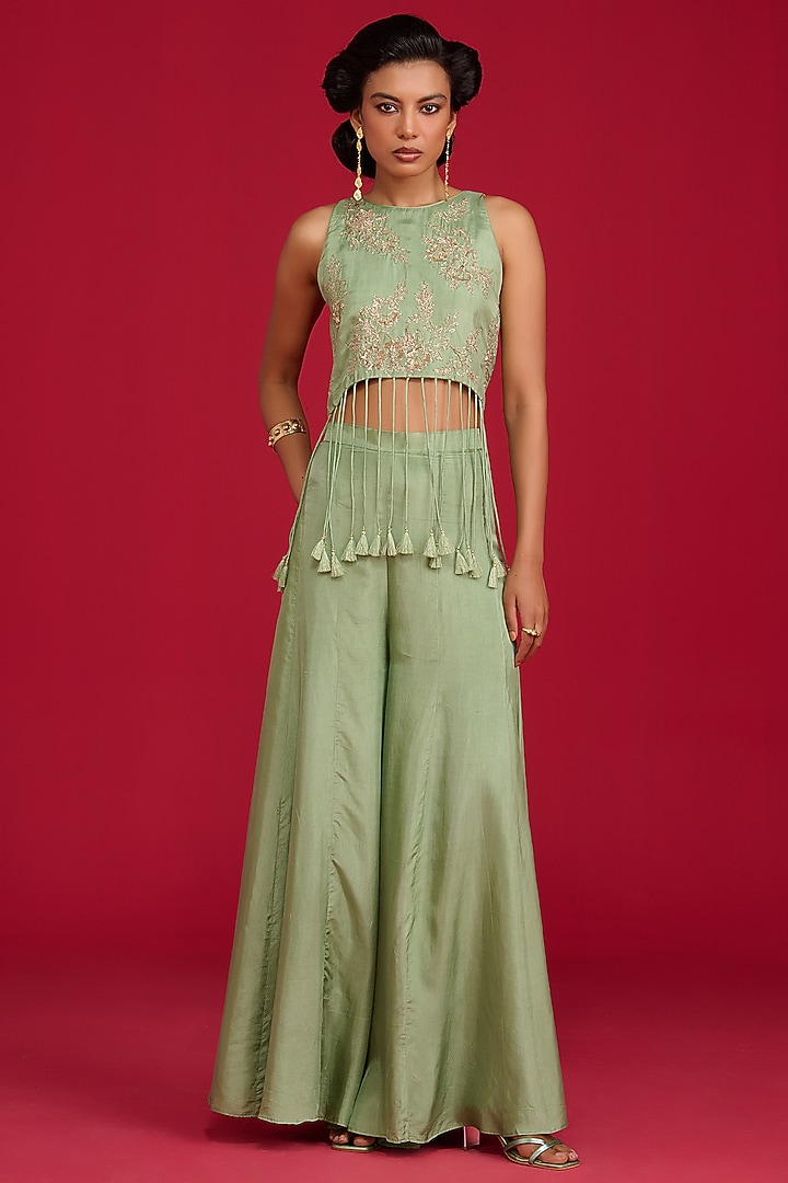 Sage Green Habutai Silk Kalidar Flared Pant Set by Megha Pitti at Pernia's Pop Up Shop