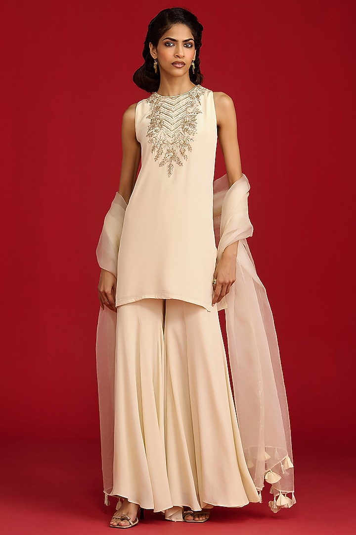 Ivory Crepe Kalidar Gharara Set by Megha Pitti at Pernia's Pop Up Shop