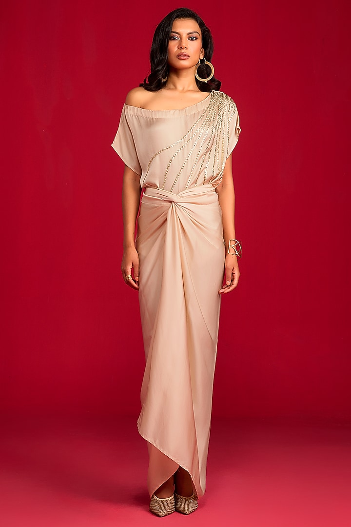 Champagne Modal Satin Draped Skirt Set by Megha Pitti at Pernia's Pop Up Shop