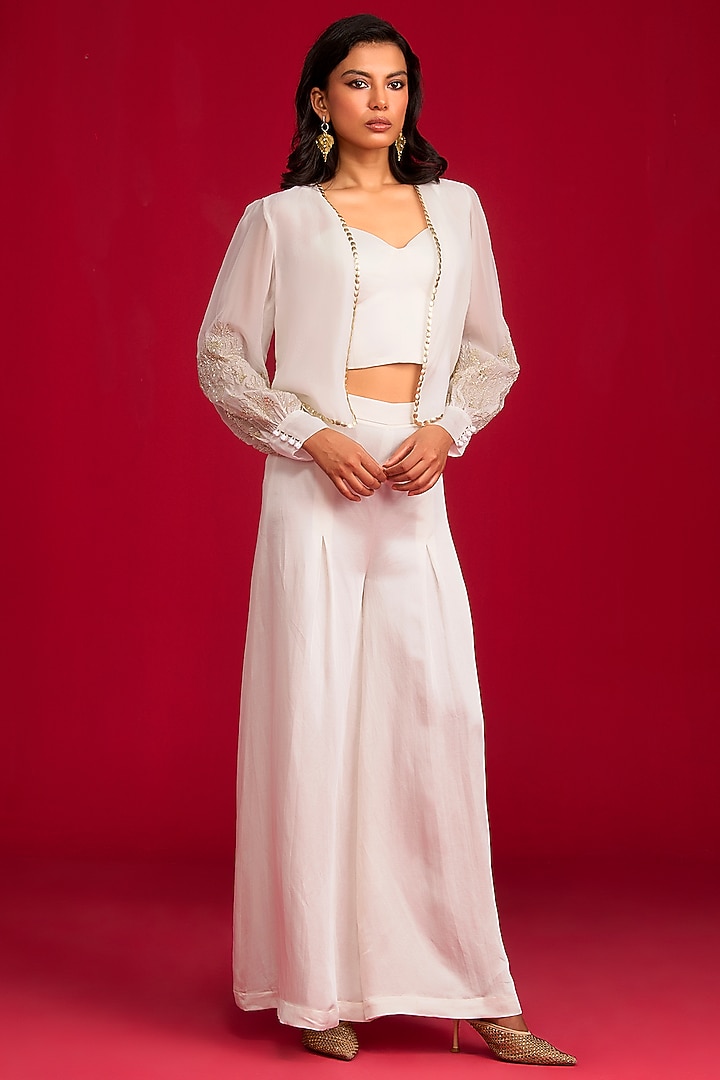 Ivory Linen Satin Flared Pant Set by Megha Pitti at Pernia's Pop Up Shop