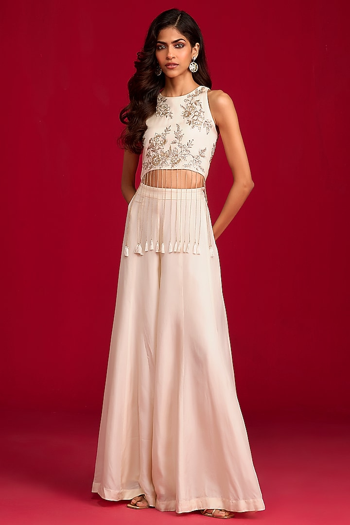 Ivory Habutai Silk Kalidar Flared Pant Set by Megha Pitti at Pernia's Pop Up Shop
