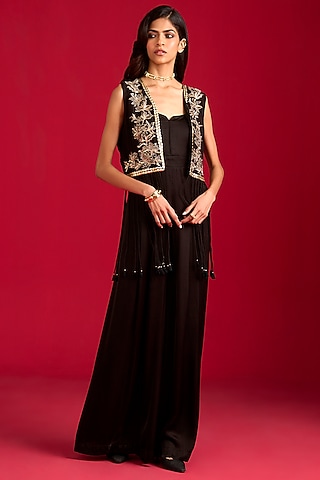 Black Modal Satin Jumpsuit With Embroidered Jacket by Megha Pitti