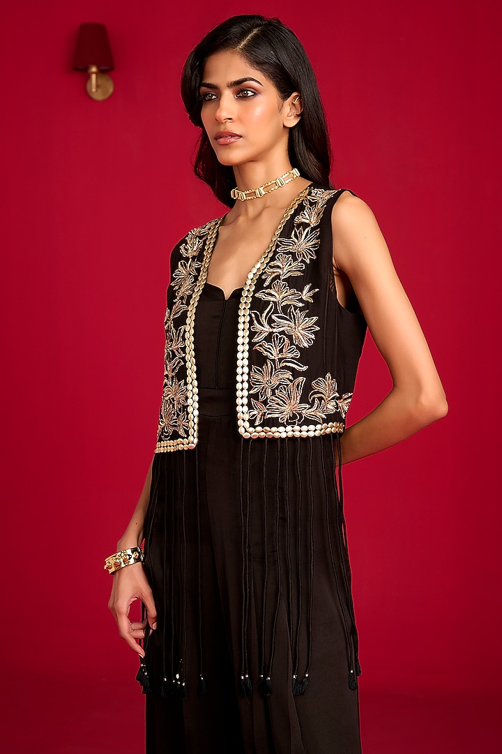 Black Modal Satin Jumpsuit With Embroidered Jacket by Megha Pitti at Pernia's Pop Up Shop