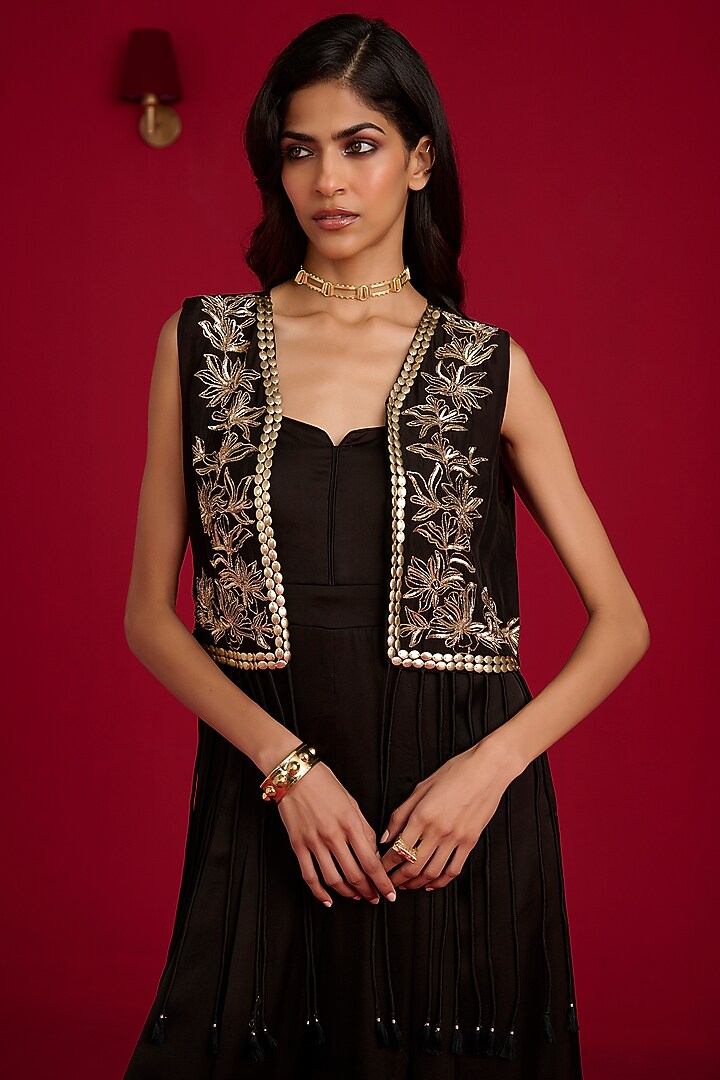 Black Modal Satin Jumpsuit With Embroidered Jacket by Megha Pitti at Pernia's Pop Up Shop
