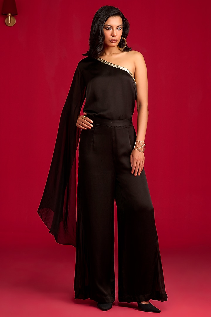 Black Modal Satin & Organza Co-Ord Set by Megha Pitti at Pernia's Pop Up Shop