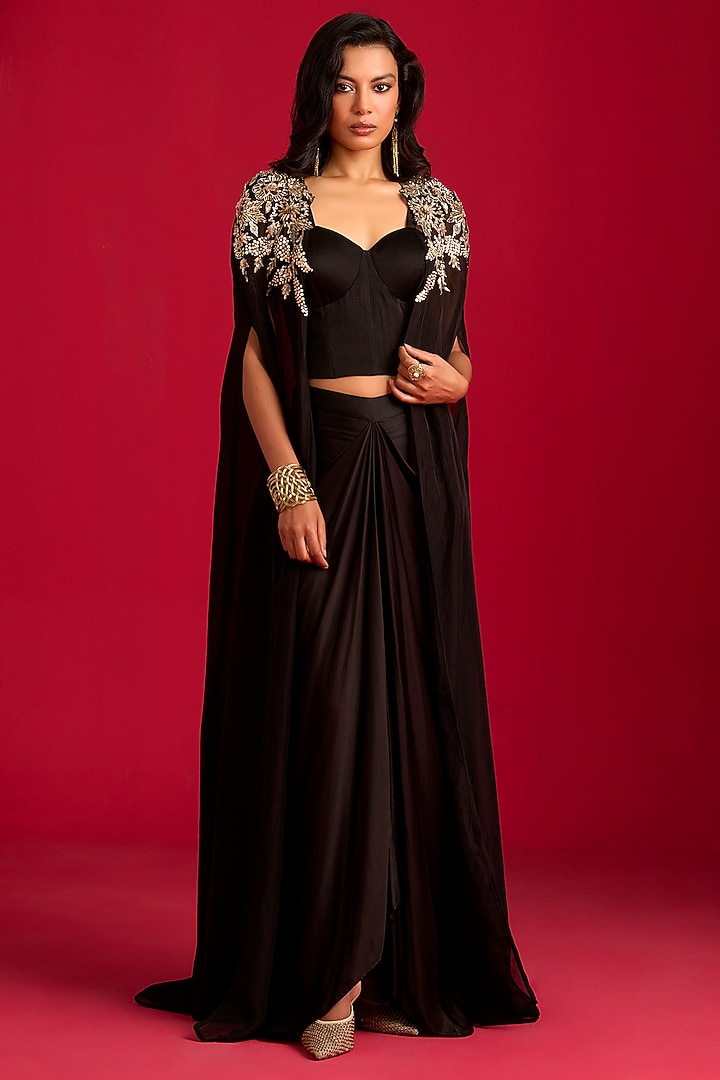 Black Modal Satin Draped Skirt Set by Megha Pitti at Pernia's Pop Up Shop
