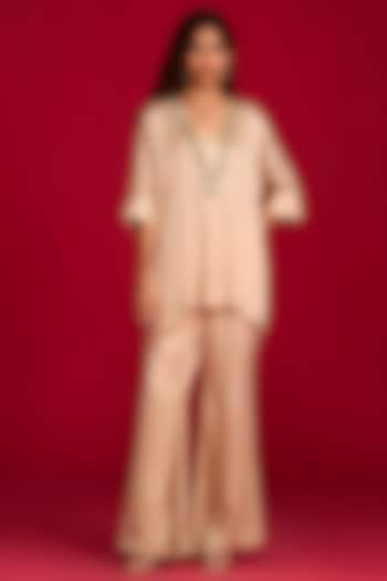 Champagne Modal Satin Hand Embroidered Co-Ord Set by Megha Pitti at Pernia's Pop Up Shop