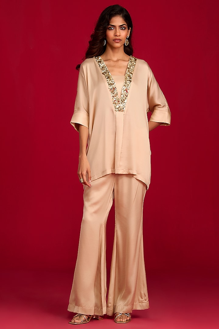 Champagne Modal Satin Hand Embroidered Co-Ord Set by Megha Pitti at Pernia's Pop Up Shop