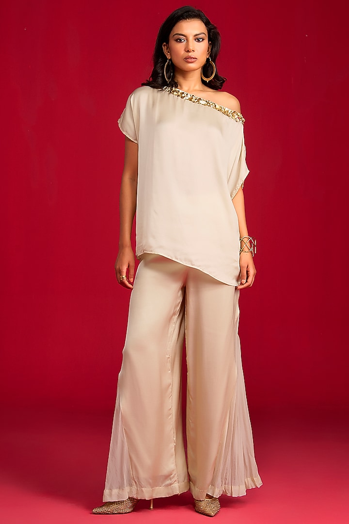 Ivory Modal Satin Hand Embroidered Co-Ord Set by Megha Pitti at Pernia's Pop Up Shop