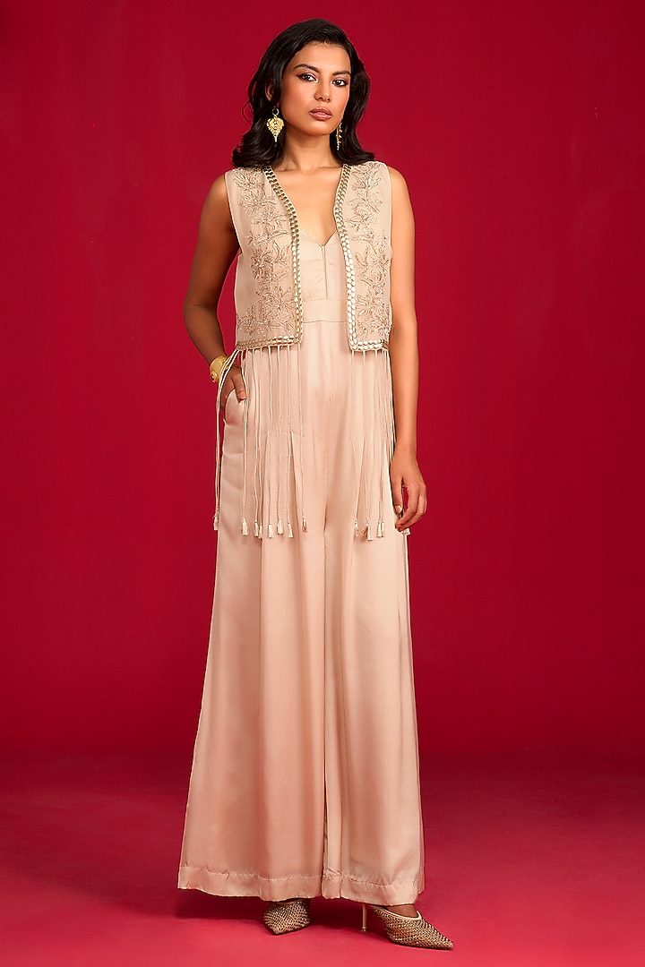 Champagne Modal Satin Jumpsuit With Embroidered Jacket by Megha Pitti at Pernia's Pop Up Shop