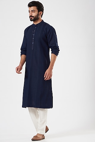 Navy Blue Pleated Kurta Set by Mehraab Men