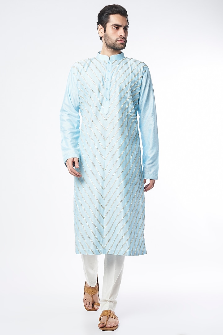 Sky Blue Cotton Silk Kurta Set by Mehraab Men