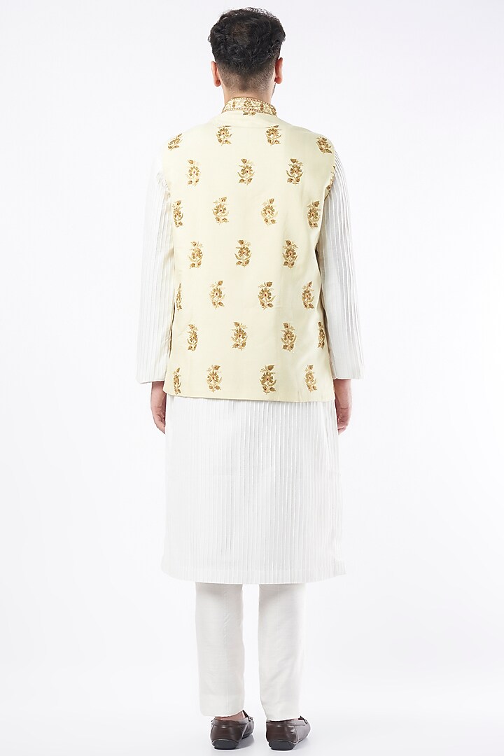 Ivory Cotton Silk Blend Bundi Jacket Set by Mehraab Men at Pernia's Pop Up Shop