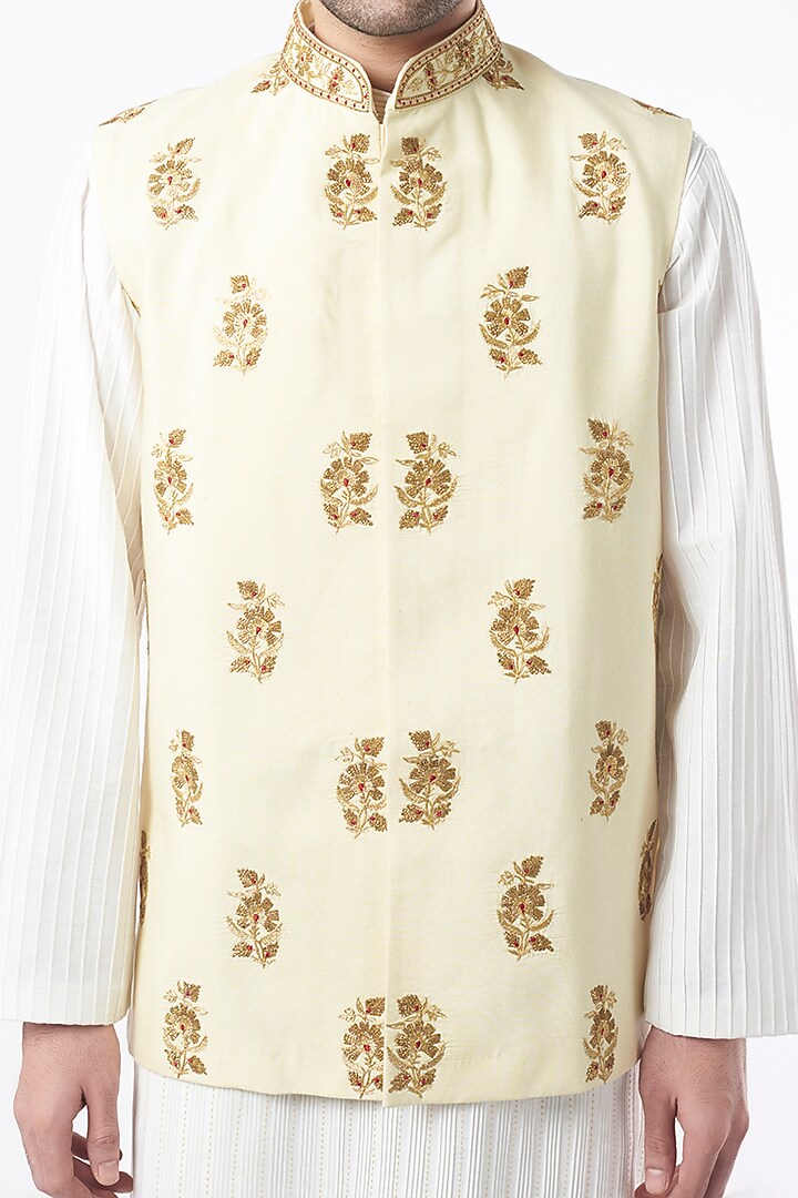Ivory Cotton Silk Blend Bundi Jacket Set by Mehraab Men at Pernia's Pop Up Shop