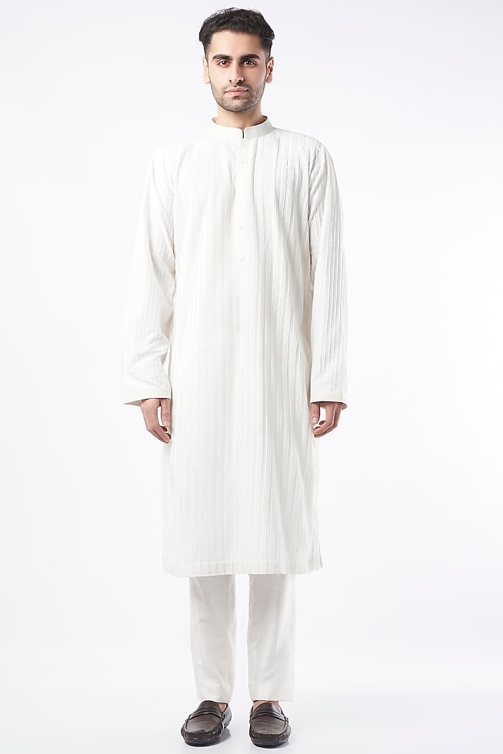 Ivory Cotton Silk Blend Kurta Set by Mehraab Men