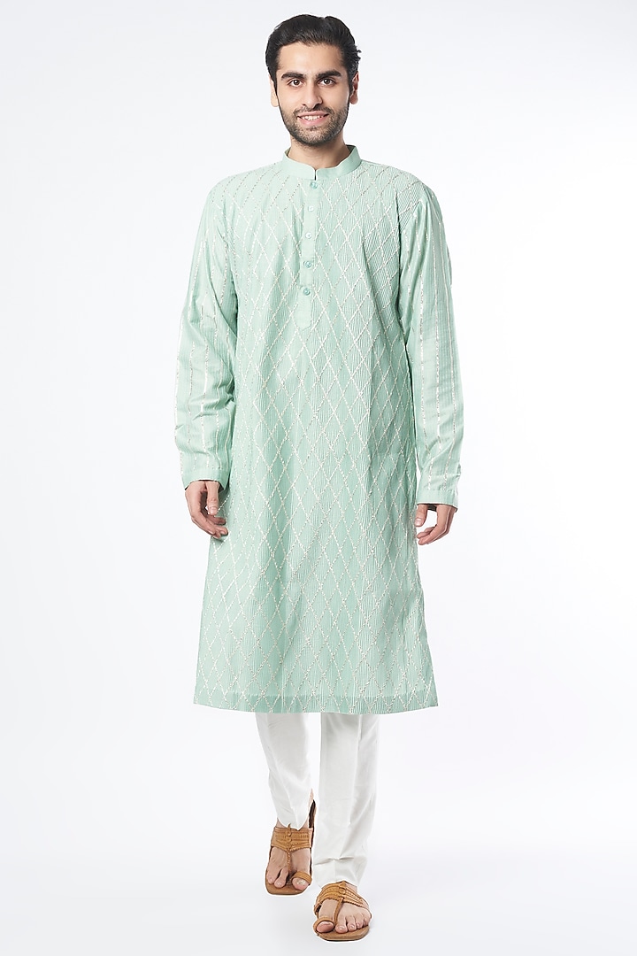 Green Cotton Silk Kurta Set by Mehraab Men