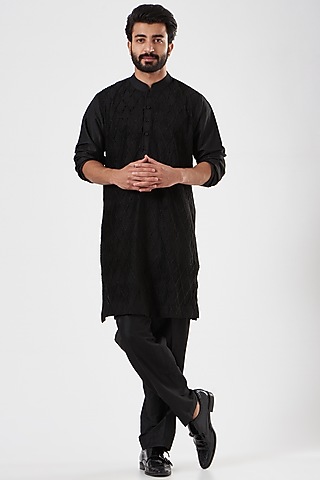 Black Pintucked Kurta Set by Mehraab Men