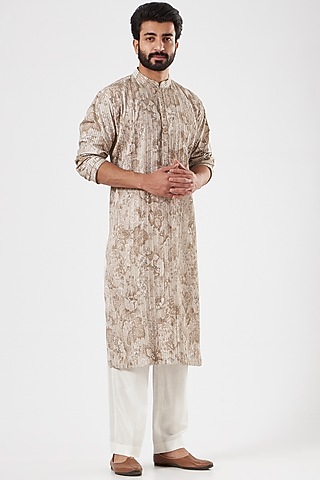 Dull Ivory Floral Printed Kurta Set by Mehraab Men
