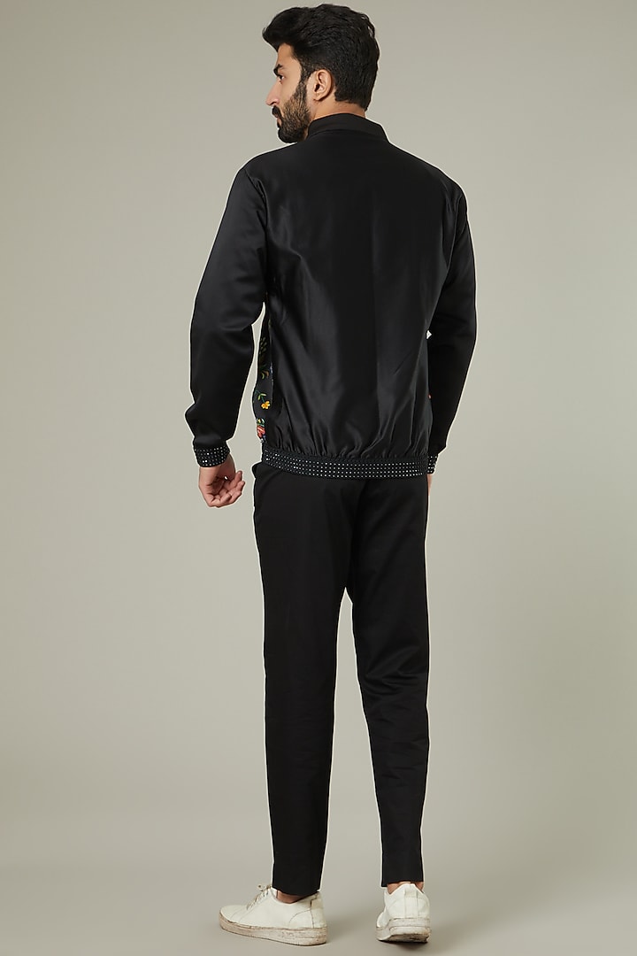 Black Satin Jaal Embroidered Bomber Jacket by Mehraab Men at Pernia's Pop Up Shop