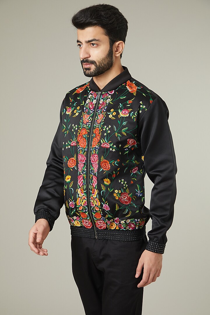 Black Satin Jaal Embroidered Bomber Jacket by Mehraab Men at Pernia's Pop Up Shop