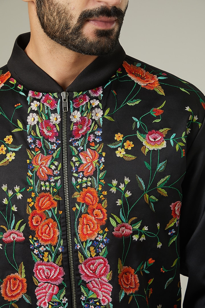 Black Satin Jaal Embroidered Bomber Jacket by Mehraab Men at Pernia's Pop Up Shop