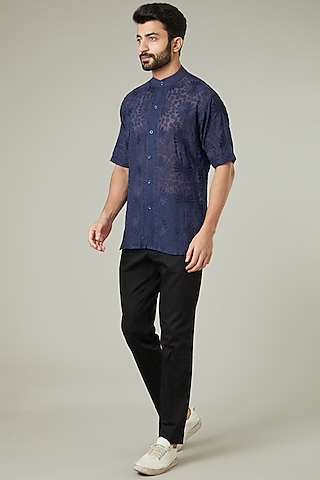 Navy Blue Aari Embroidered Shirt by Mehraab Men